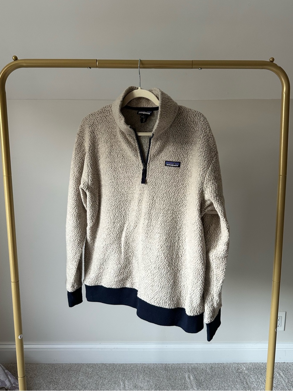 Patagonia Men's Beige Sherpa Zip Pullover with Navy Trim